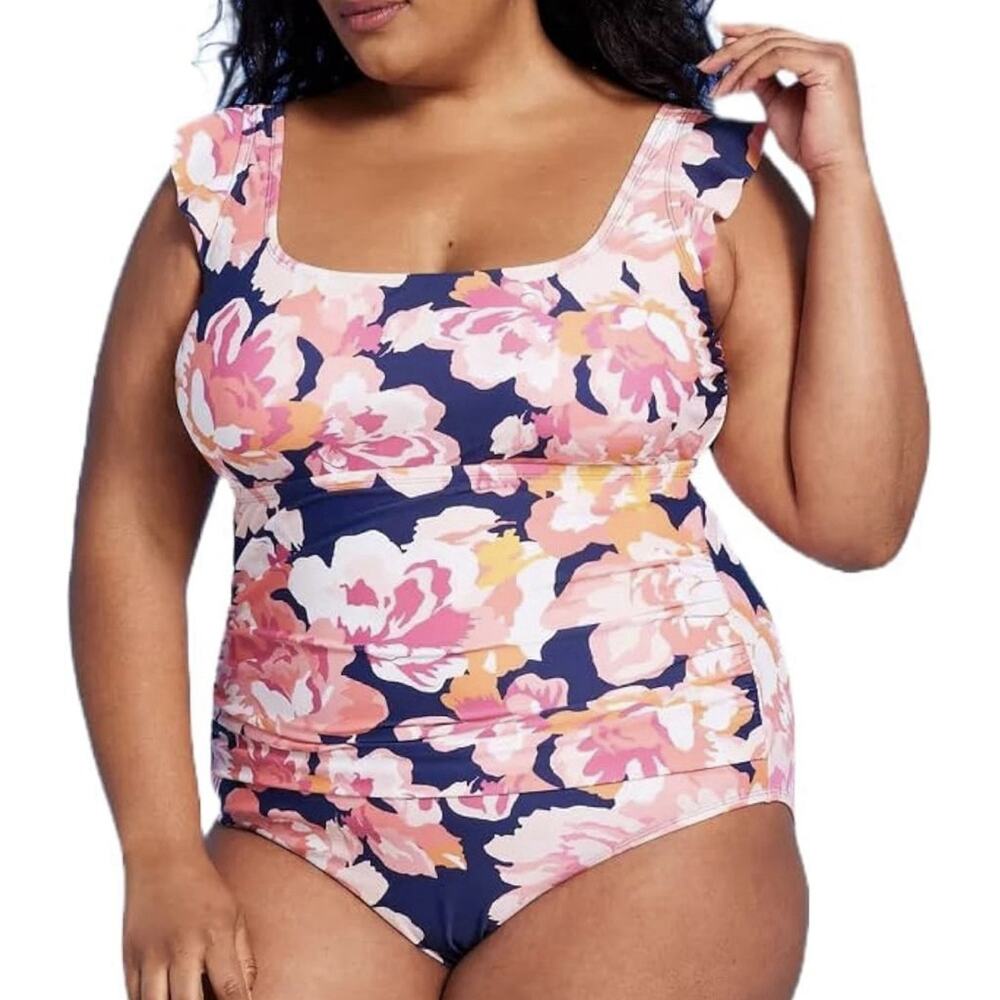 Kona Sol Swimsuit One-Piece Women’s Size 22 Floral Print Ruched Adjustable Strap
